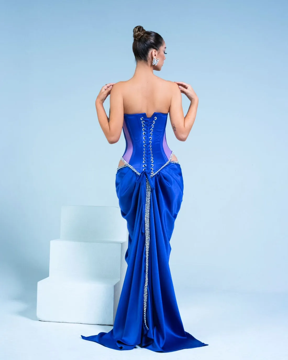 Ria Blue Embellished High Front Slit Gown