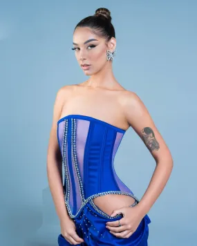 Ria Blue Embellished High Front Slit Gown