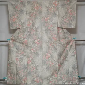 Summer Iro Oshima Tsumugi Kimono - Vintage Floral Hitoe Kimono - Unlined Beige with Gray and Red Flowers & Leaves - Meticulously Detailed