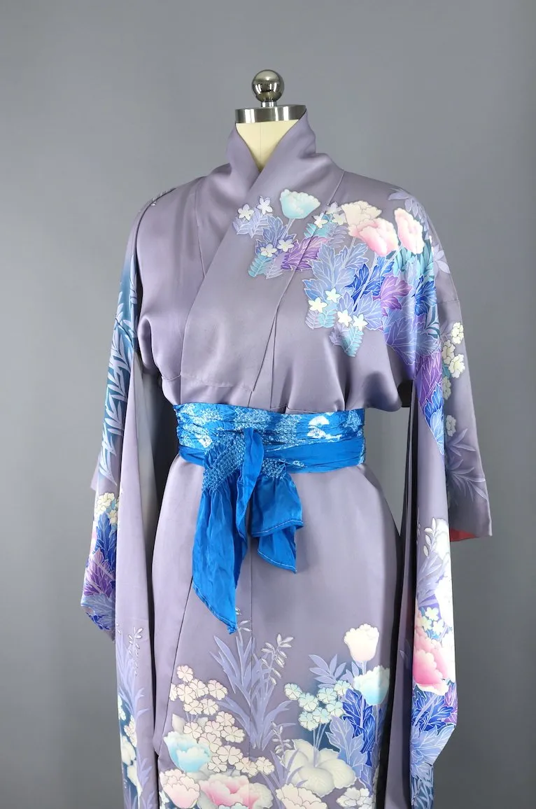 Vintage Kimono Robe Furisode / Lavender Purple Floral Print