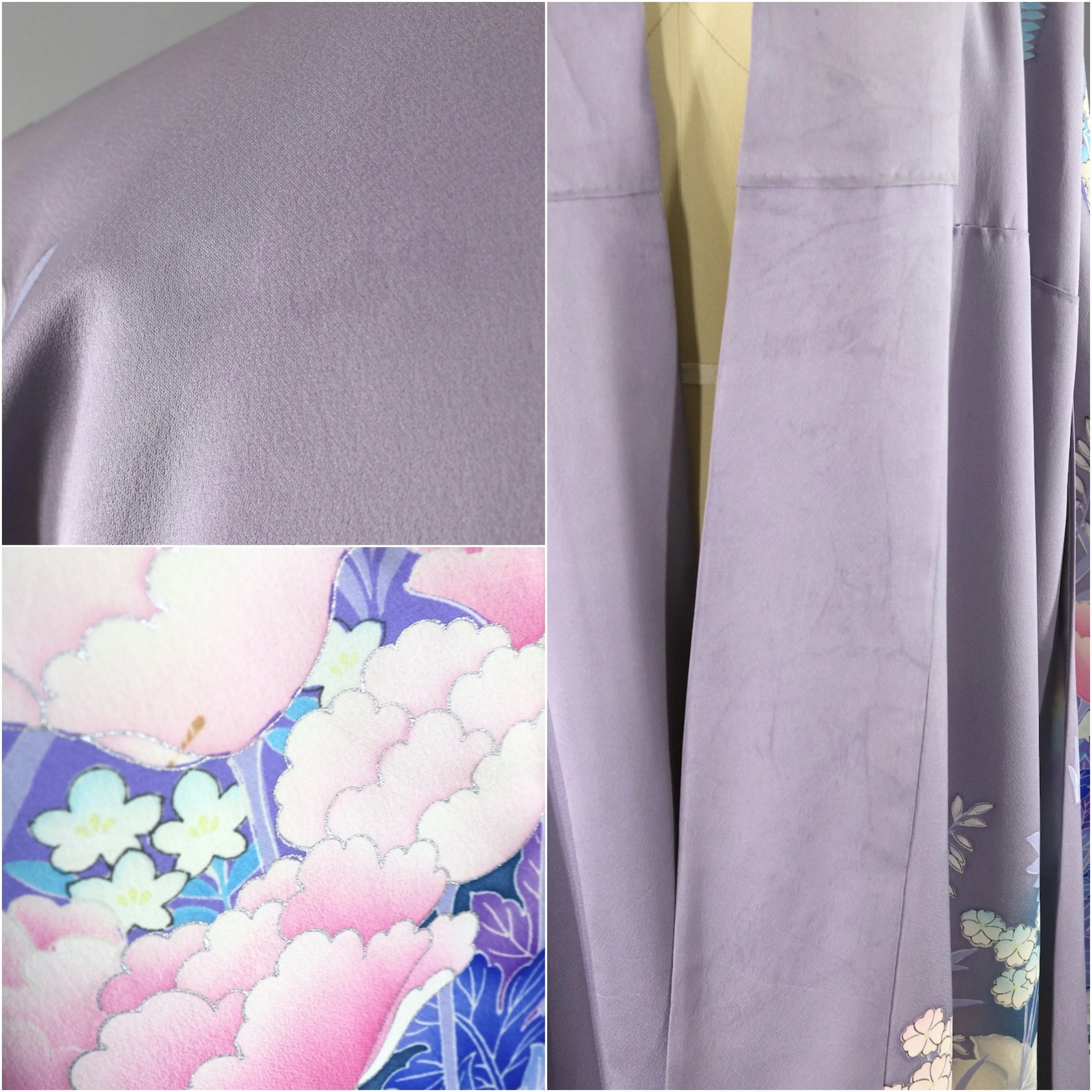 Vintage Kimono Robe Furisode / Lavender Purple Floral Print