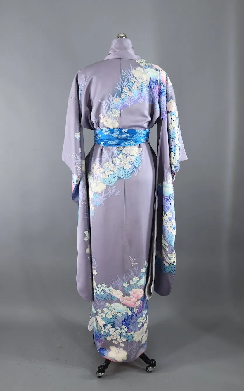 Vintage Kimono Robe Furisode / Lavender Purple Floral Print