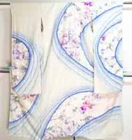 White Blue Flowers Herons Furisode Hand Painted Purple Cherry Blossoms Sakura Peonies Yuzen