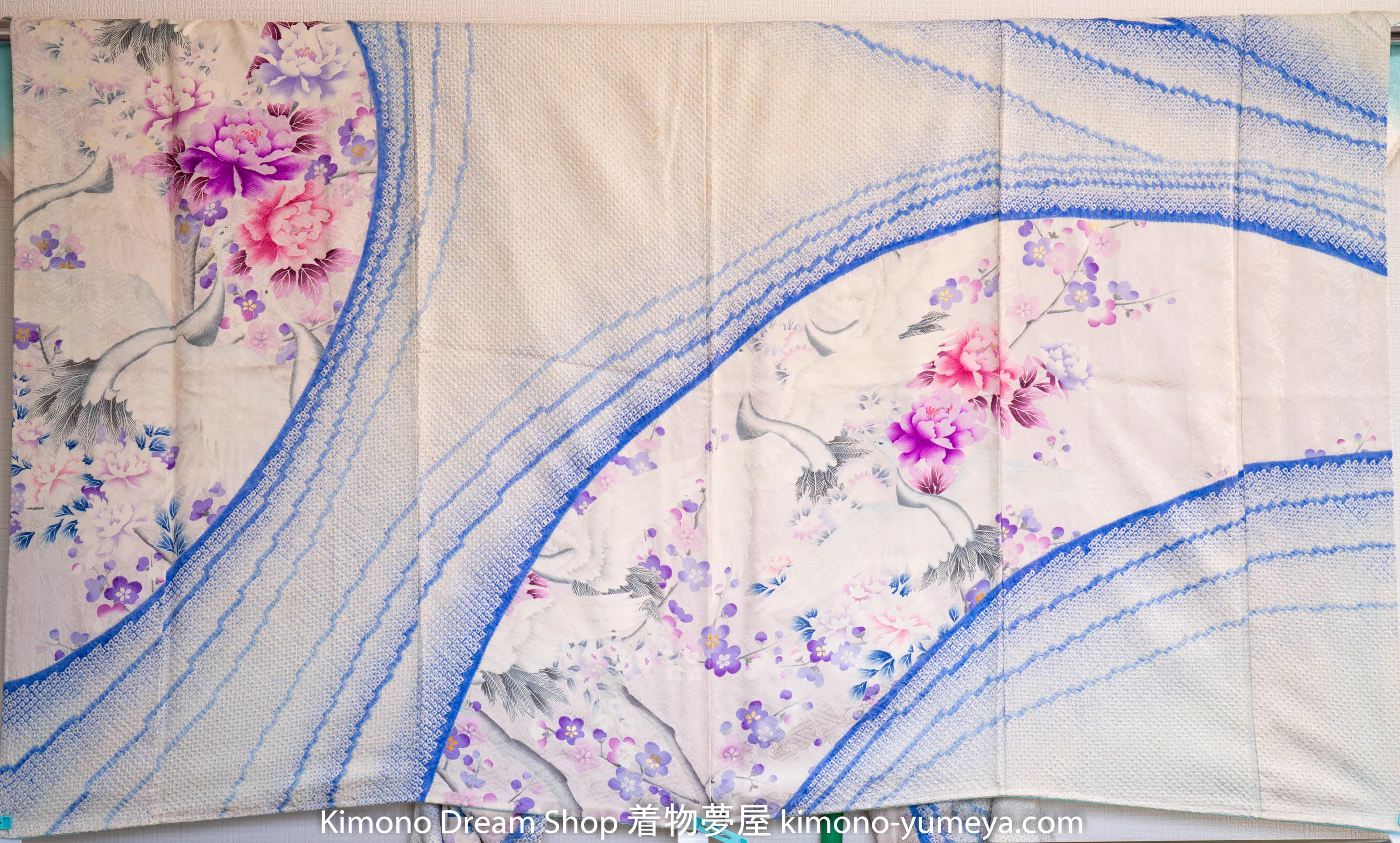 White Blue Flowers Herons Furisode Hand Painted Purple Cherry Blossoms Sakura Peonies Yuzen