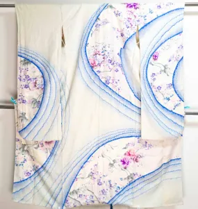 White Blue Flowers Herons Furisode Hand Painted Purple Cherry Blossoms Sakura Peonies Yuzen