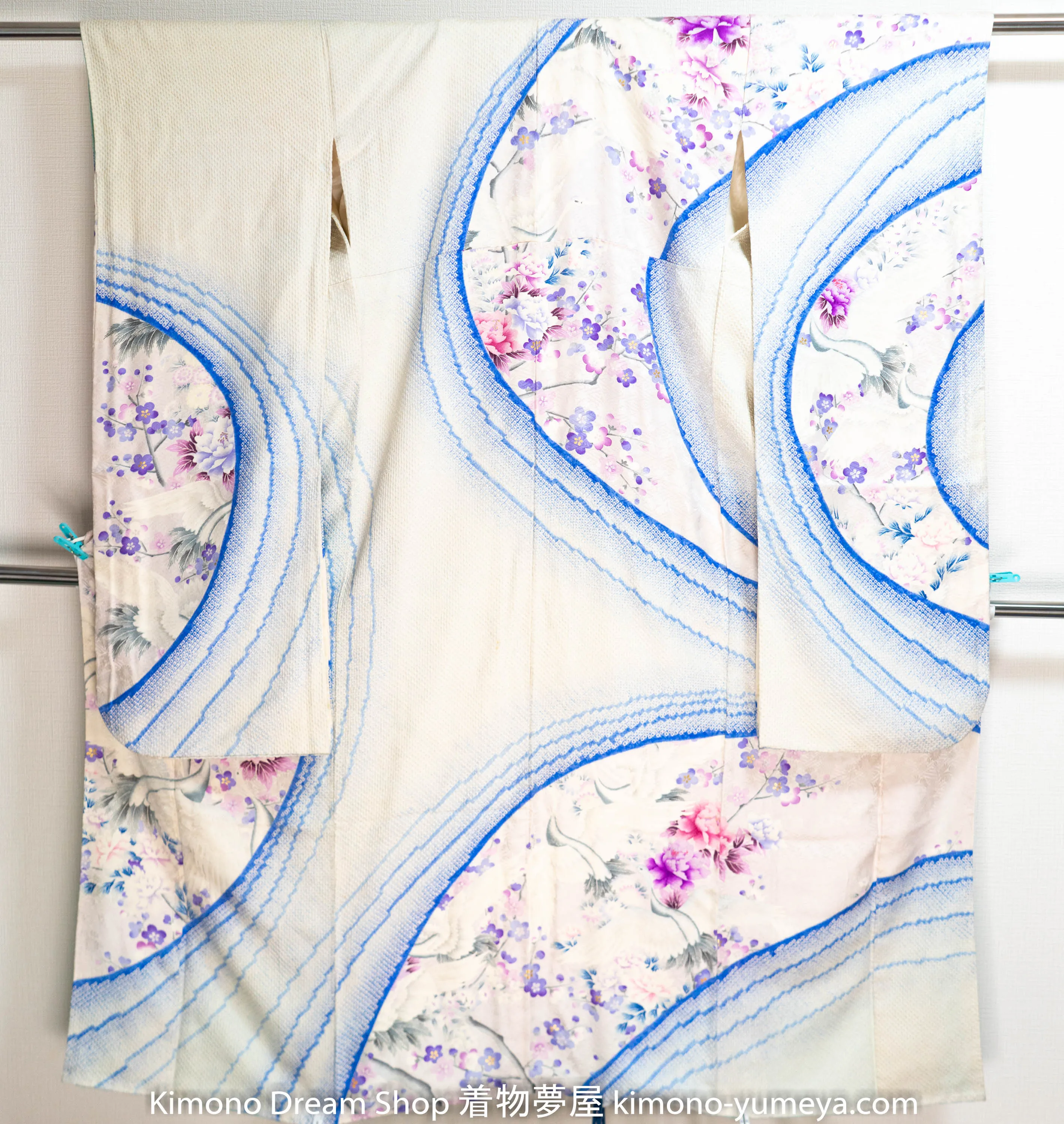 White Blue Flowers Herons Furisode Hand Painted Purple Cherry Blossoms Sakura Peonies Yuzen