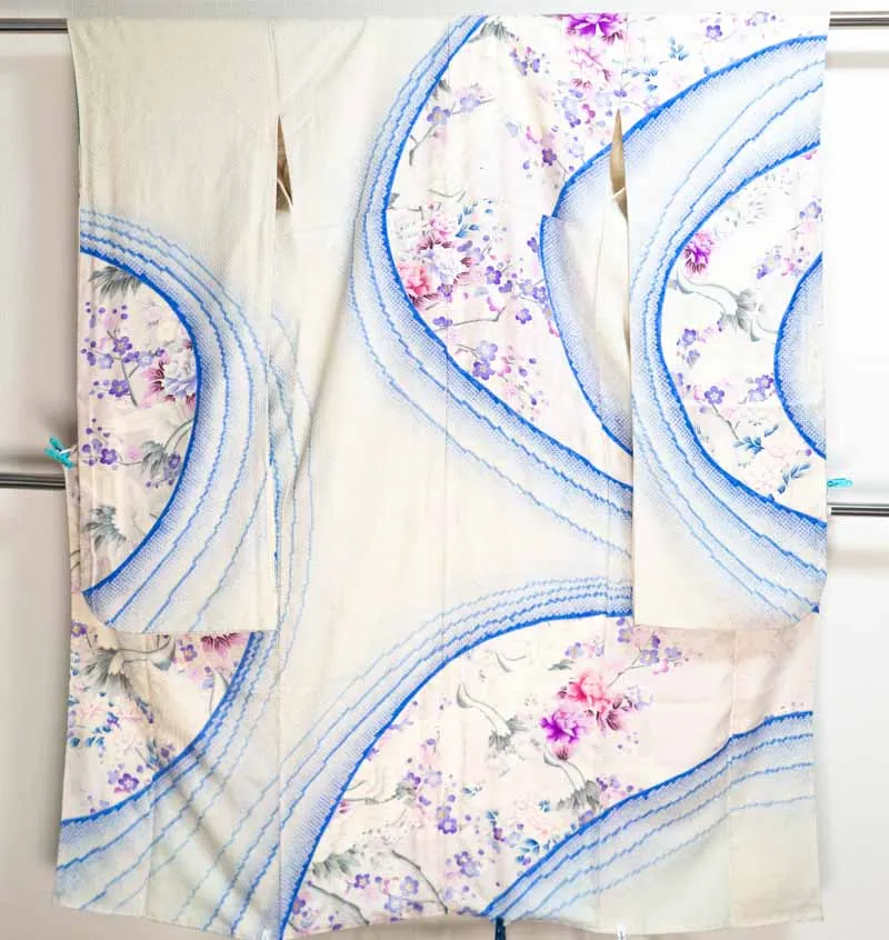 White Blue Flowers Herons Furisode Hand Painted Purple Cherry Blossoms Sakura Peonies Yuzen