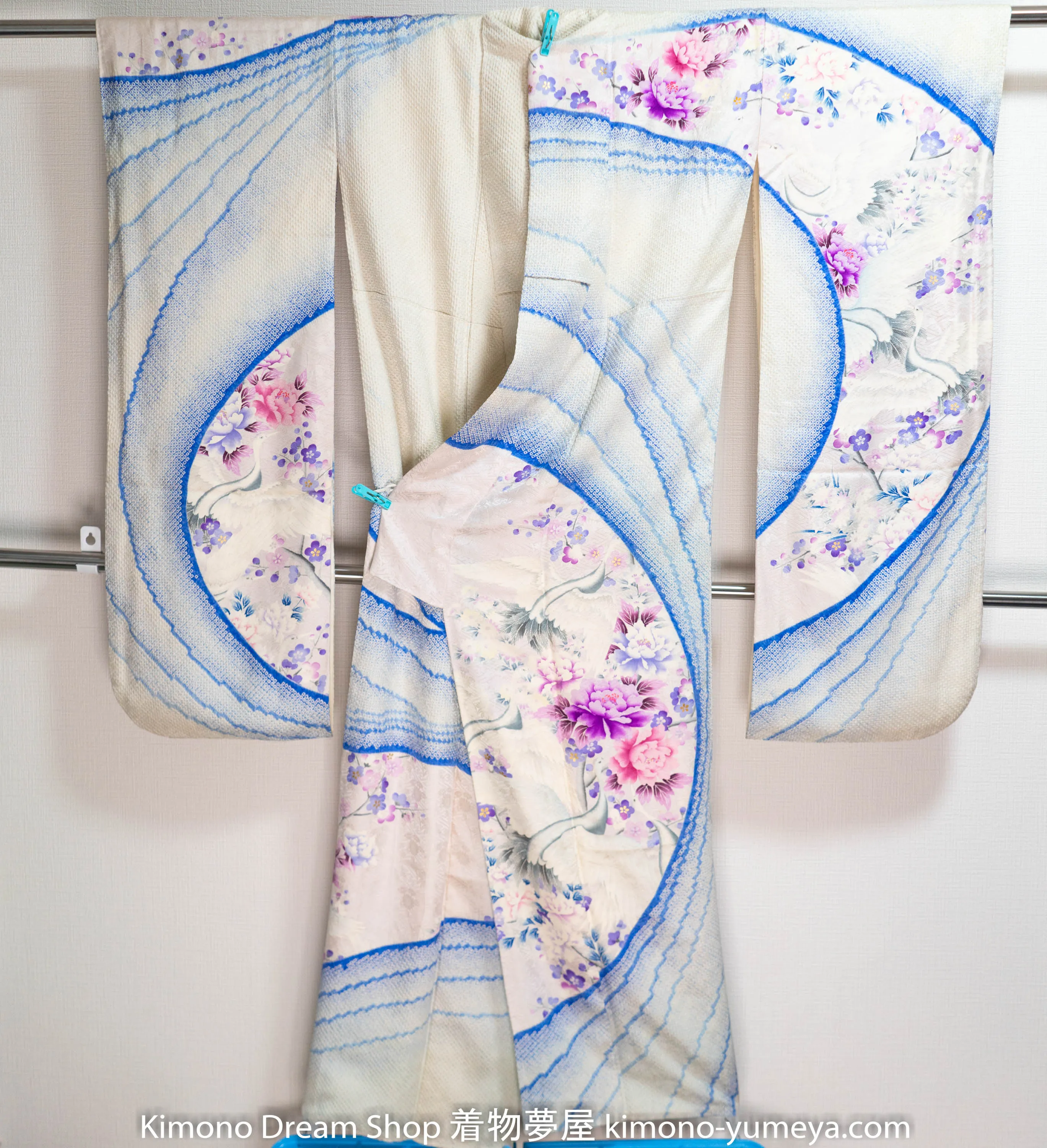 White Blue Flowers Herons Furisode Hand Painted Purple Cherry Blossoms Sakura Peonies Yuzen
