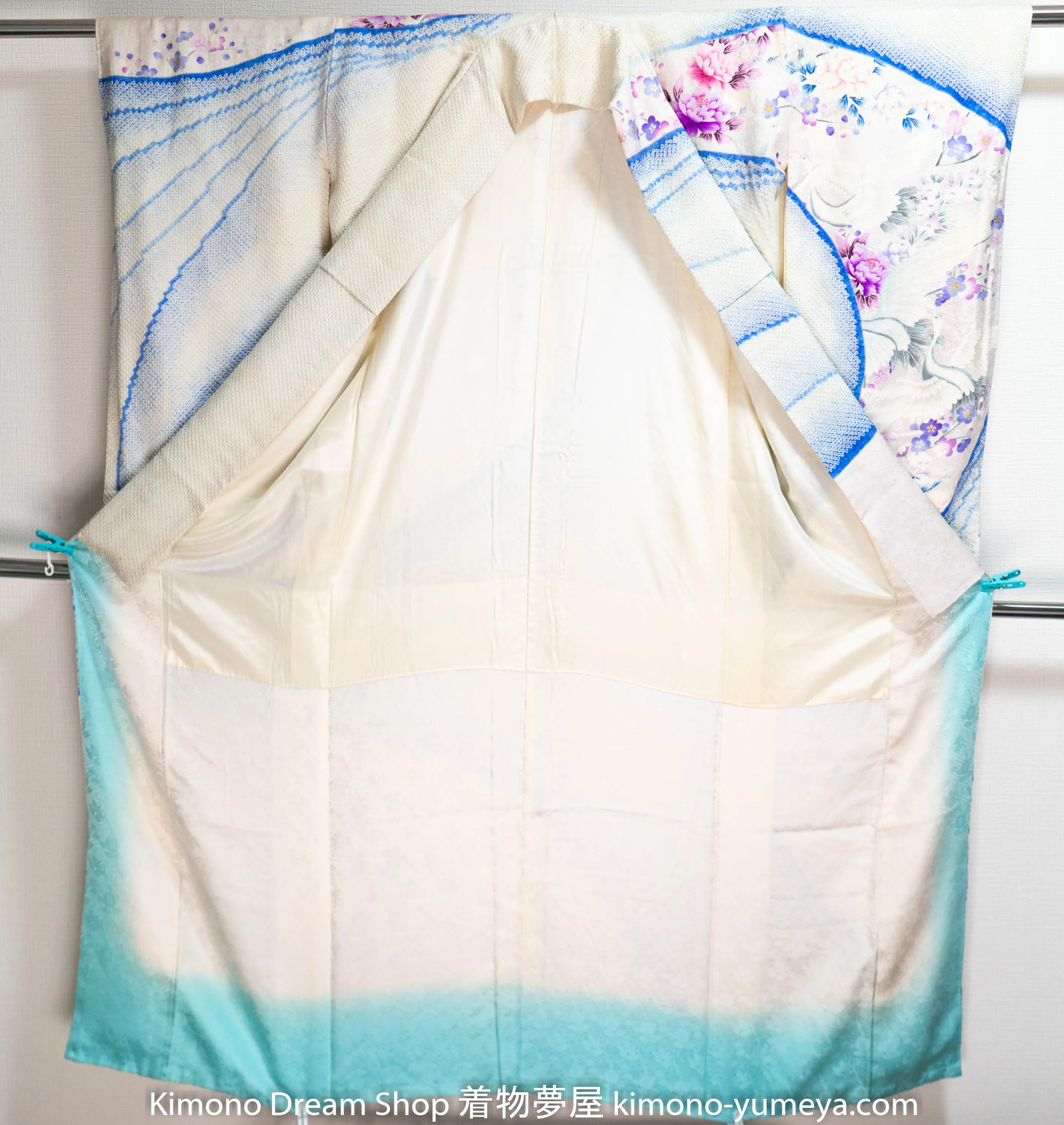 White Blue Flowers Herons Furisode Hand Painted Purple Cherry Blossoms Sakura Peonies Yuzen