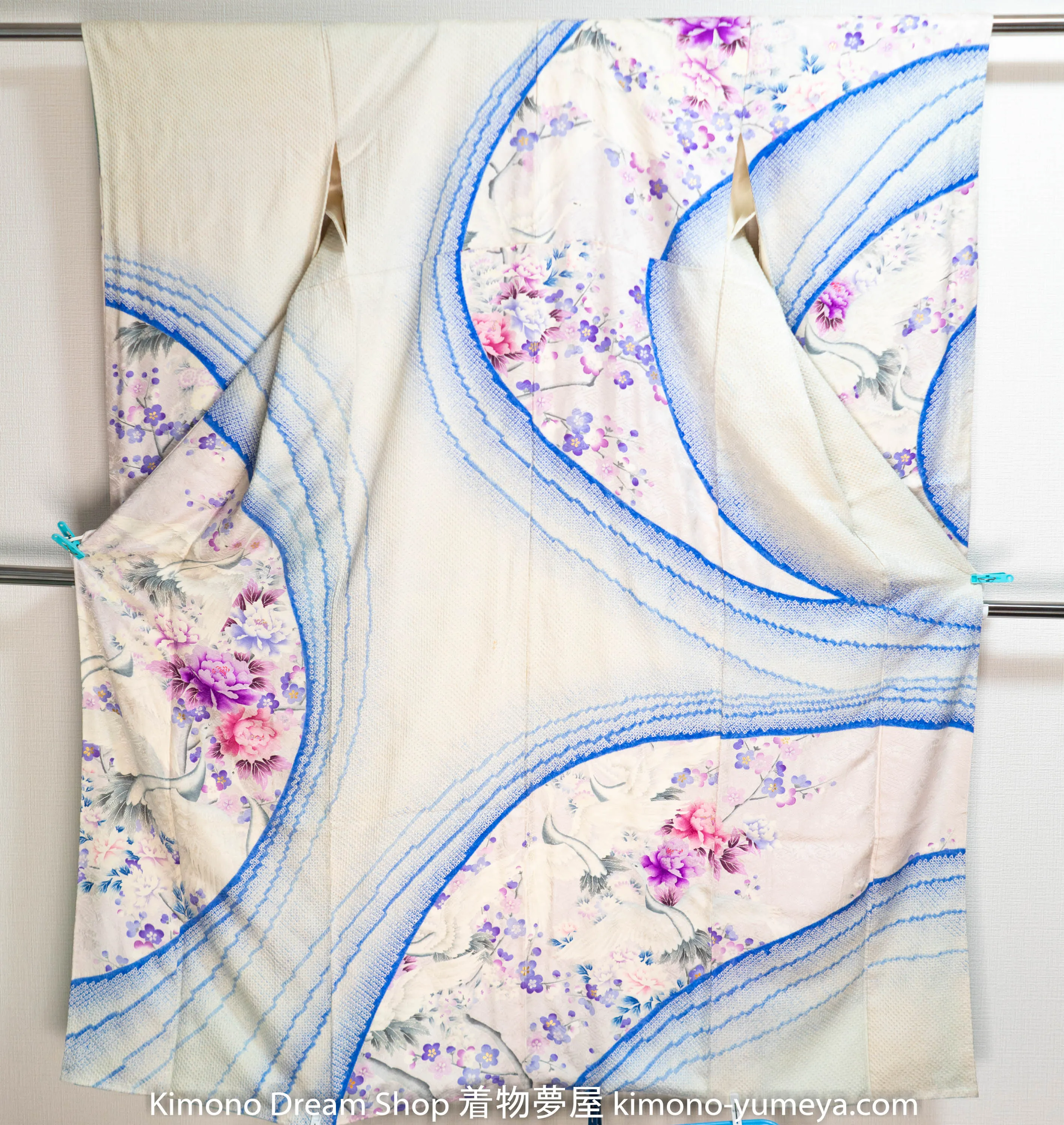 White Blue Flowers Herons Furisode Hand Painted Purple Cherry Blossoms Sakura Peonies Yuzen
