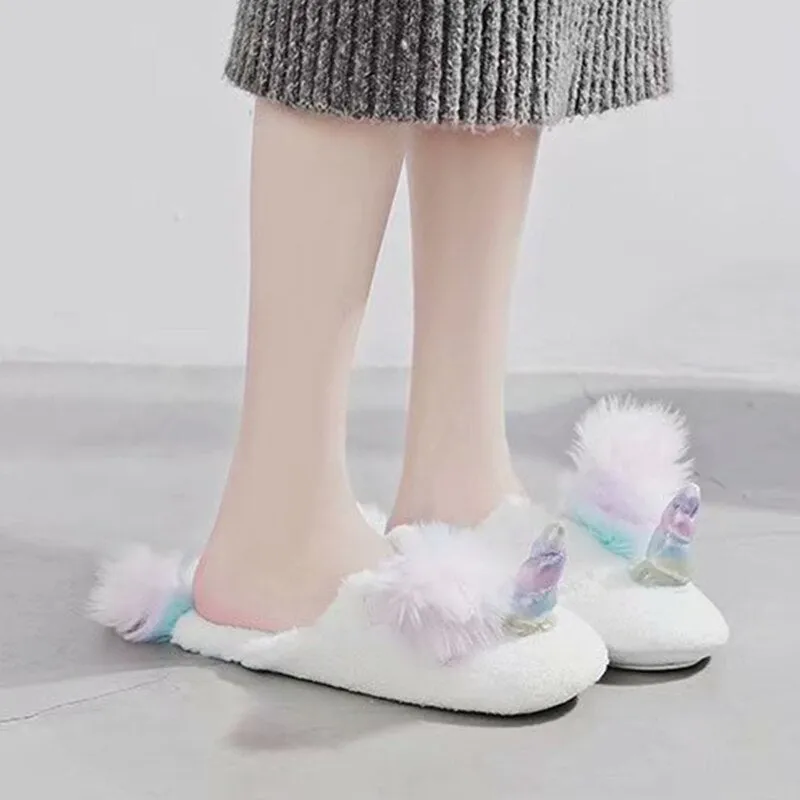 White Unicorn Mule Plush Slippers