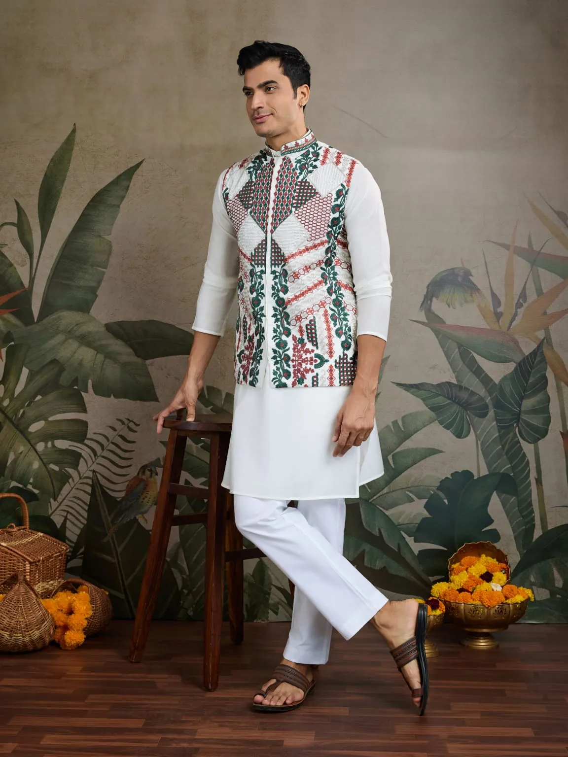 White Viscose Rajwadi Silk Heavy Thread Work Kurta Payjama With Koti Jacket