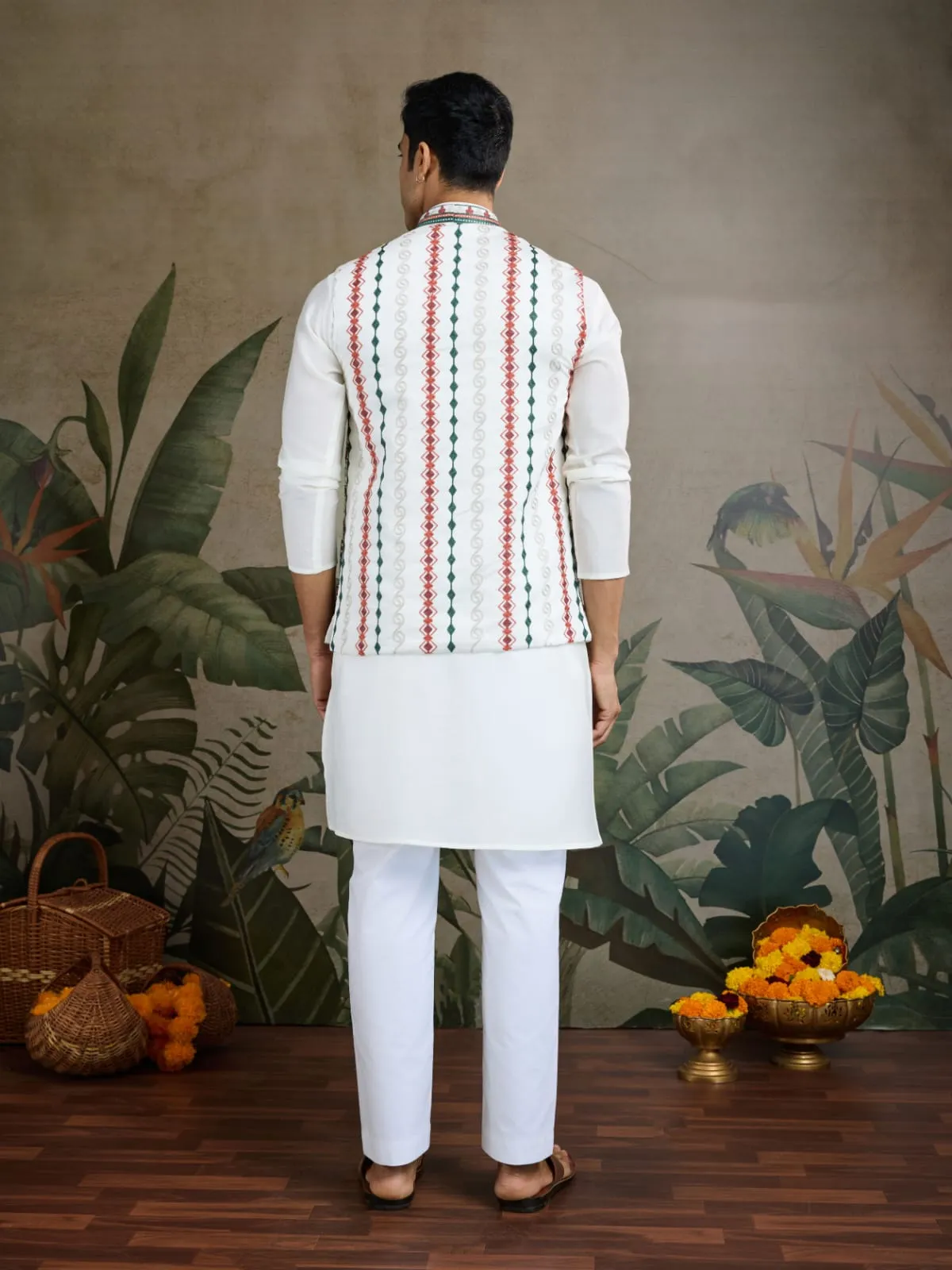 White Viscose Rajwadi Silk Heavy Thread Work Kurta Payjama With Koti Jacket