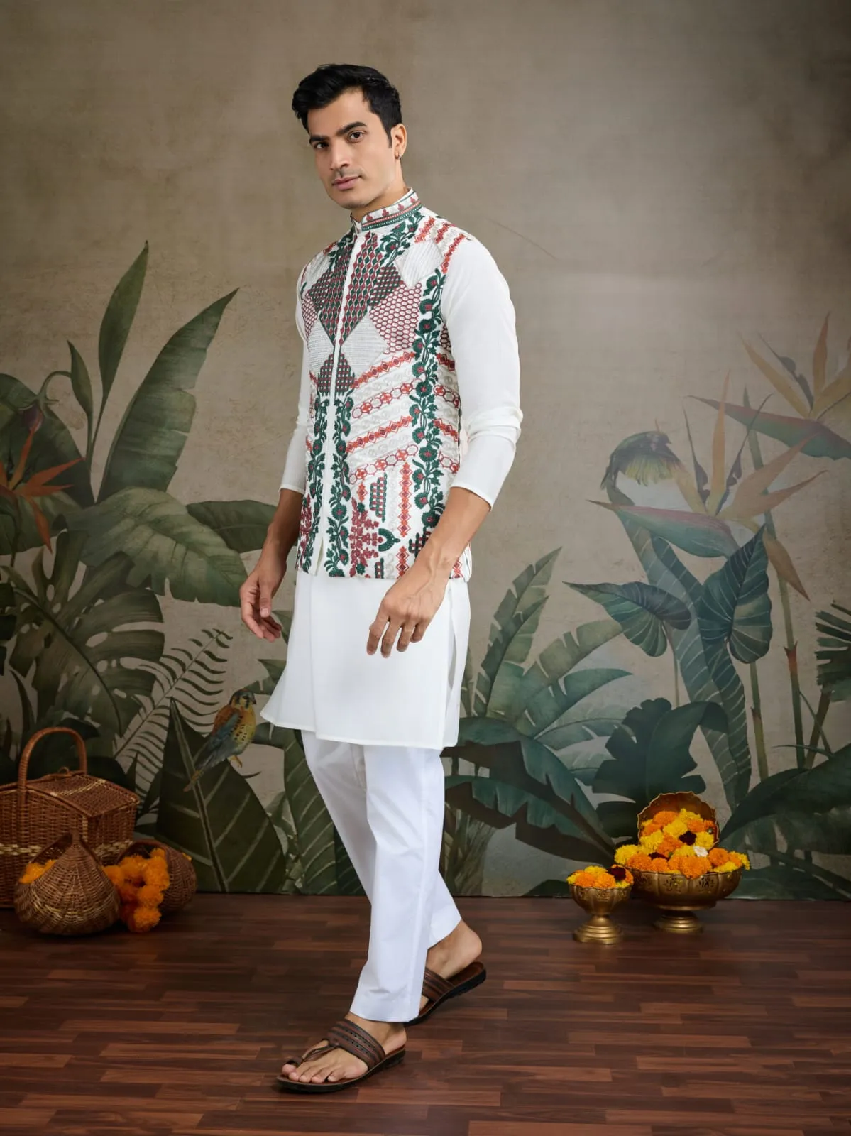 White Viscose Rajwadi Silk Heavy Thread Work Kurta Payjama With Koti Jacket