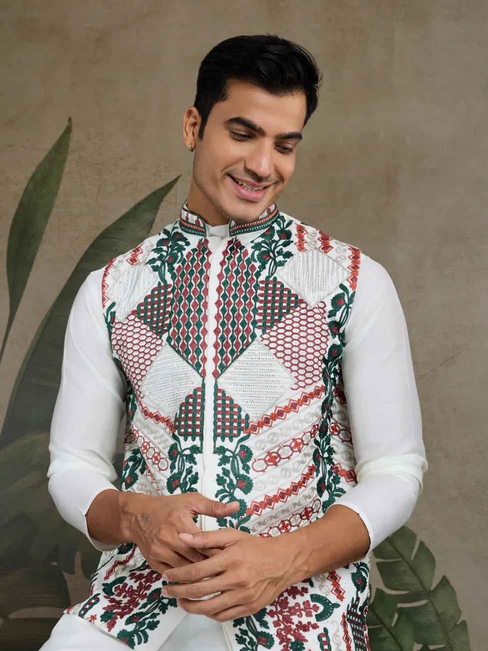 White Viscose Rajwadi Silk Heavy Thread Work Kurta Payjama With Koti Jacket