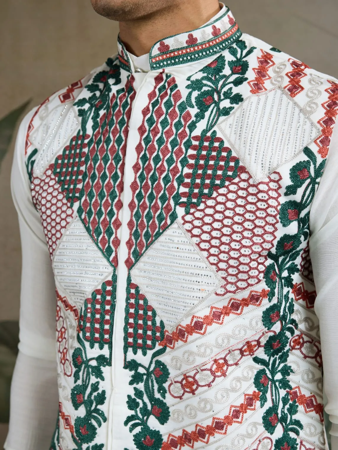 White Viscose Rajwadi Silk Heavy Thread Work Kurta Payjama With Koti Jacket