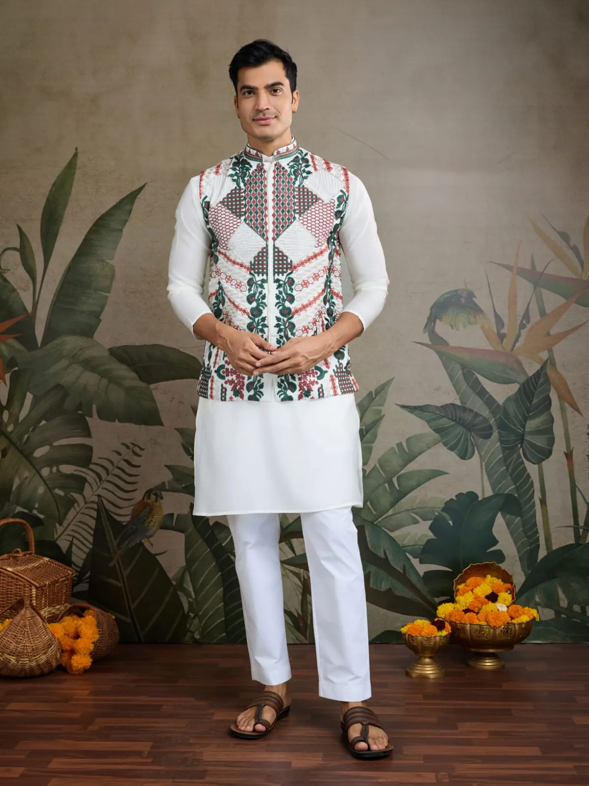 White Viscose Rajwadi Silk Heavy Thread Work Kurta Payjama With Koti Jacket