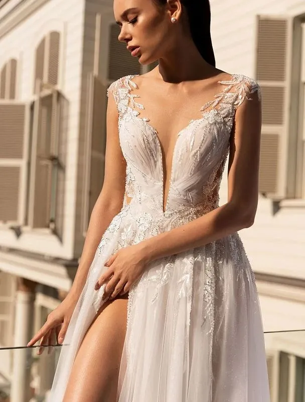 Wondrous High Side Slit White Wedding Dress